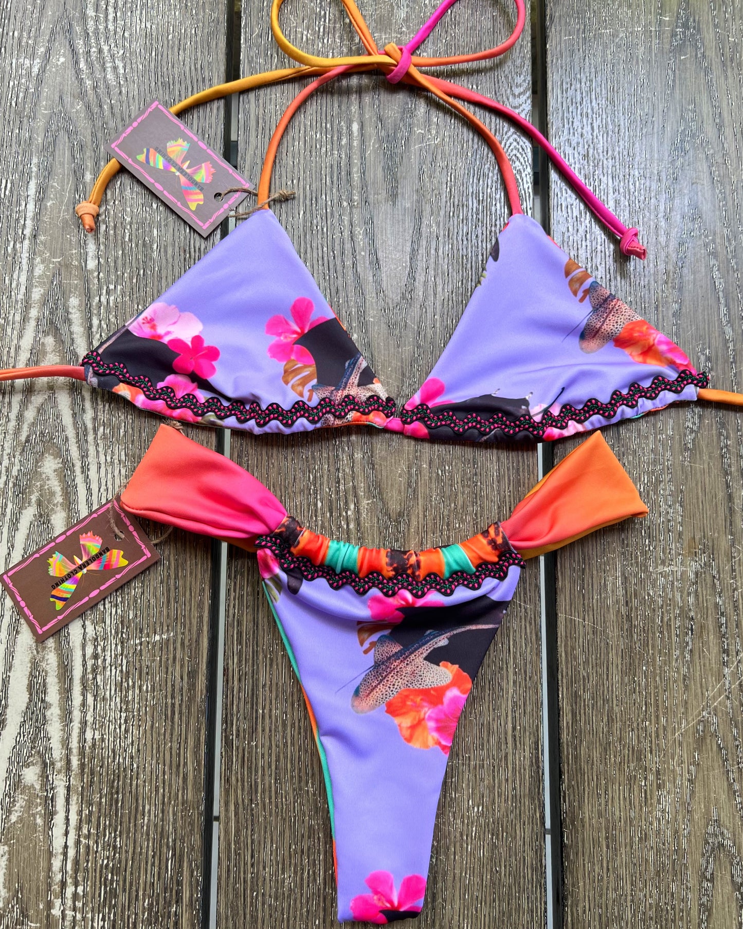 Bikini Set: REVERSIBLE Top Triangular + Bottom Brasil con RickRack