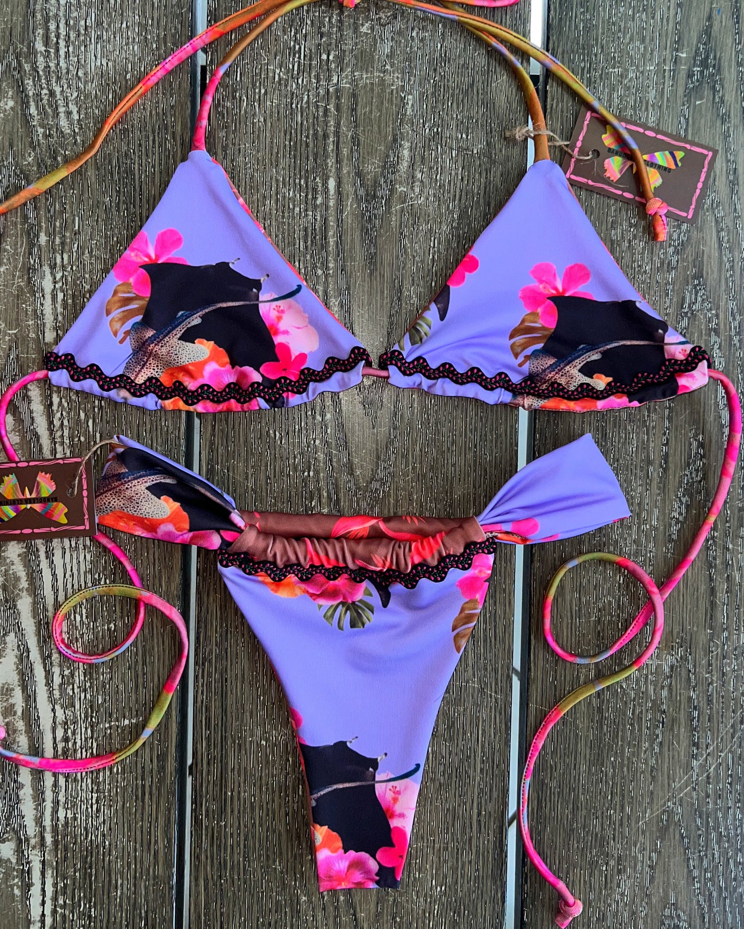 Bikini Set: REVERSIBLE Top Triangular + Bottom Brasil con RickRack